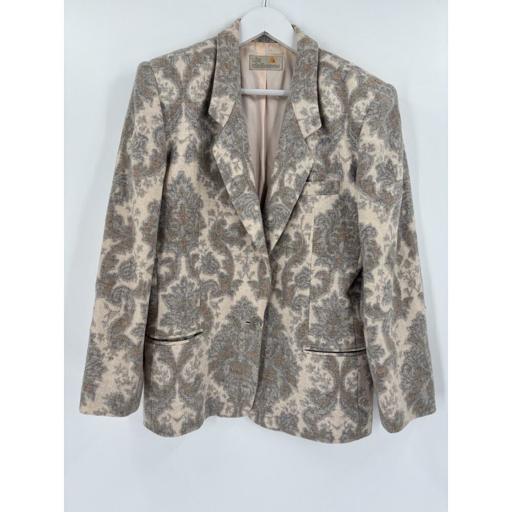 Liz Claiborne Vintage Blazer Womens 12 Beige Gray Damask Single Breasted Wool